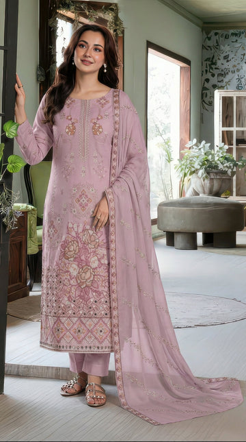 Volume 2727 – 3 Piece Unstitched Cross Slub Lawn Heavy Embroidered Suit with Embroidered Dupatta