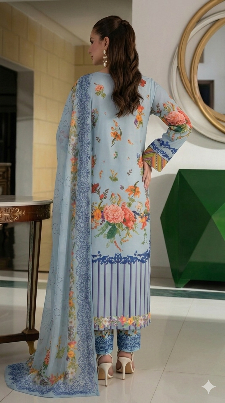 Volume 5001 – 3 Piece Unstitched Airjet Lawn Printed Suit with Voil Dupatta