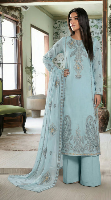 Volume 2727 – 3 Piece Unstitched Cross Slub Lawn Heavy Embroidered Suit with Embroidered Dupatta