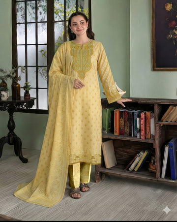 Volume 5000 – 3 Piece Unstitched Luxury Lawn Suit with Embroidered Gala & Daman Patches