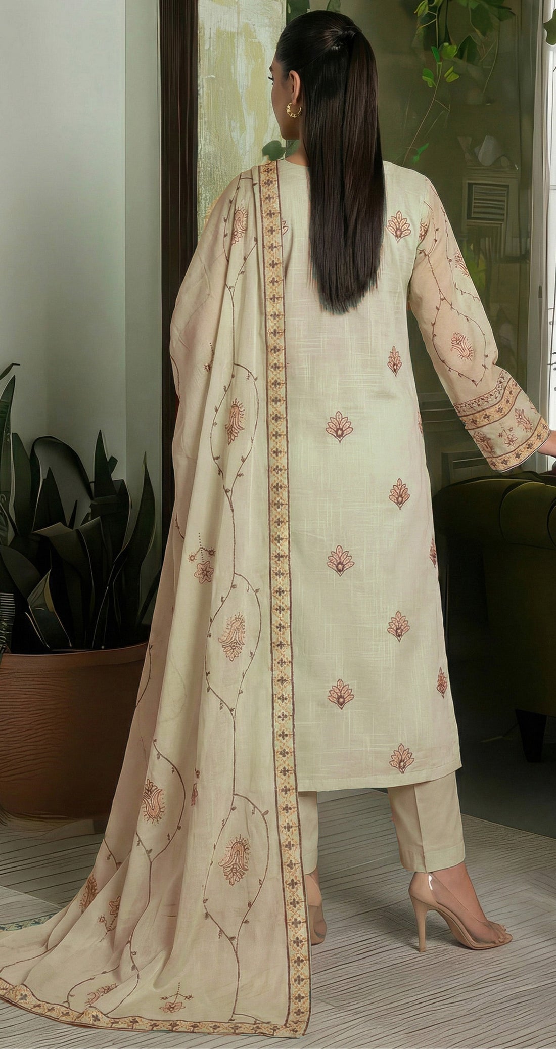 Volume 2727 – 3 Piece Unstitched Cross Slub Lawn Heavy Embroidered Suit with Embroidered Dupatta