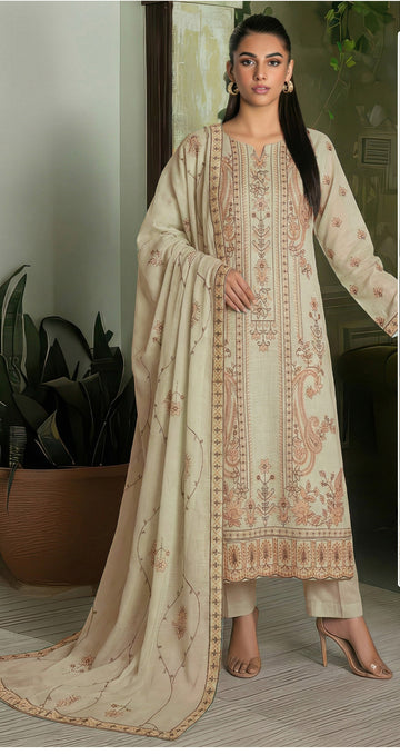 Volume 2727 – 3 Piece Unstitched Cross Slub Lawn Heavy Embroidered Suit with Embroidered Dupatta