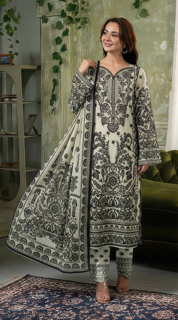 Volume 5000 – 3 Piece Unstitched Luxury Lawn Suit with Embroidered Gala & Daman Patches