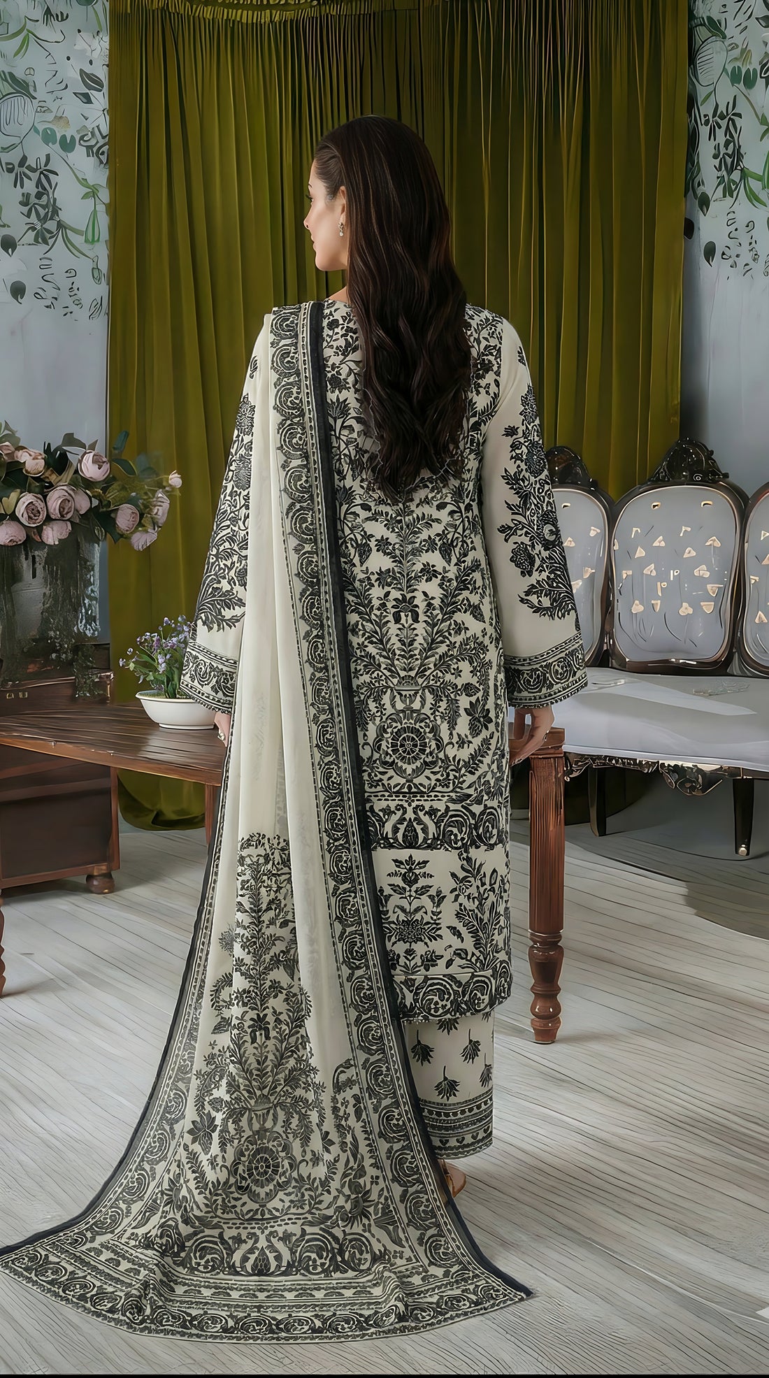 Volume 5000 – 3 Piece Unstitched Luxury Lawn Suit with Embroidered Gala & Daman Patches