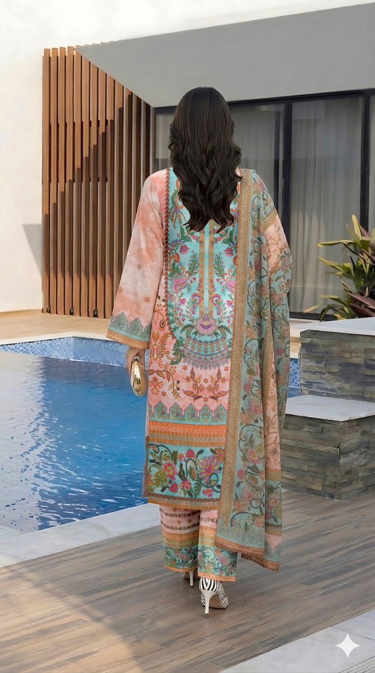 Volume 5001 – 3 Piece Unstitched Airjet Lawn Printed Suit with Voil Dupatta