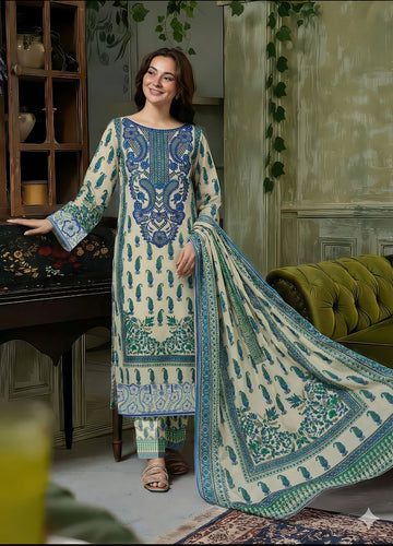 Volume 5000 – 3 Piece Unstitched Luxury Lawn Suit with Embroidered Gala & Daman Patches