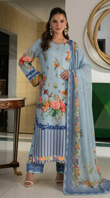 Volume 5001 – 3 Piece Unstitched Airjet Lawn Printed Suit with Voil Dupatta