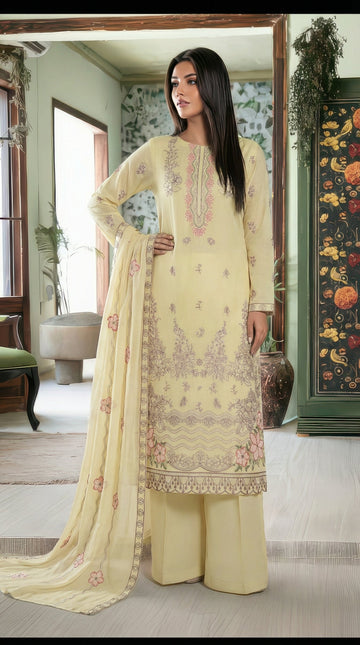 Volume 2727 – 3 Piece Unstitched Cross Slub Lawn Heavy Embroidered Suit with Embroidered Dupatta