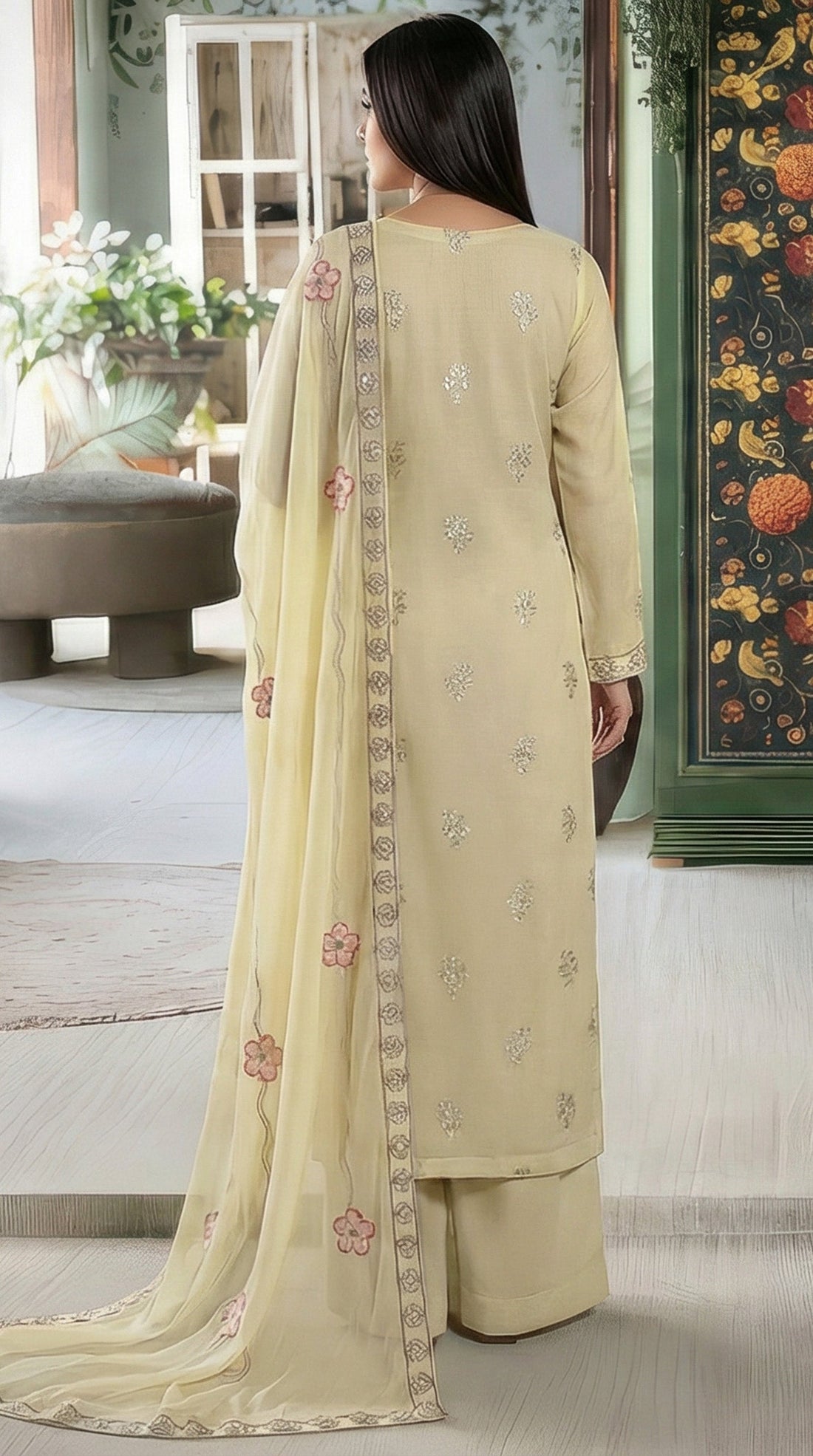 Volume 2727 – 3 Piece Unstitched Cross Slub Lawn Heavy Embroidered Suit with Embroidered Dupatta