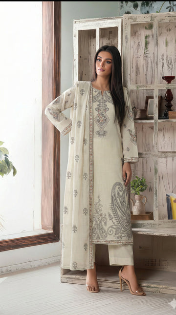 Volume 2727 – 3 Piece Unstitched Cross Slub Lawn Heavy Embroidered Suit with Embroidered Dupatta