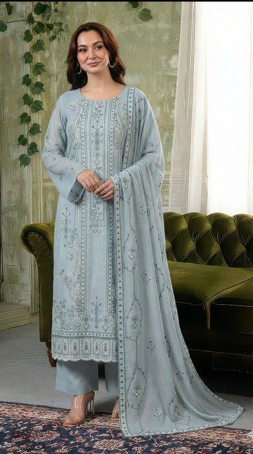 Volume 2727 – 3 Piece Unstitched Cross Slub Lawn Heavy Embroidered Suit with Embroidered Dupatta