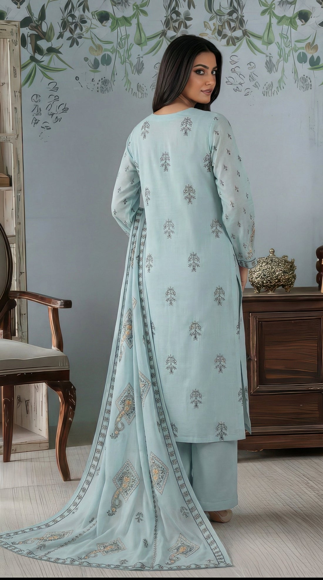 Volume 2727 – 3 Piece Unstitched Cross Slub Lawn Heavy Embroidered Suit with Embroidered Dupatta
